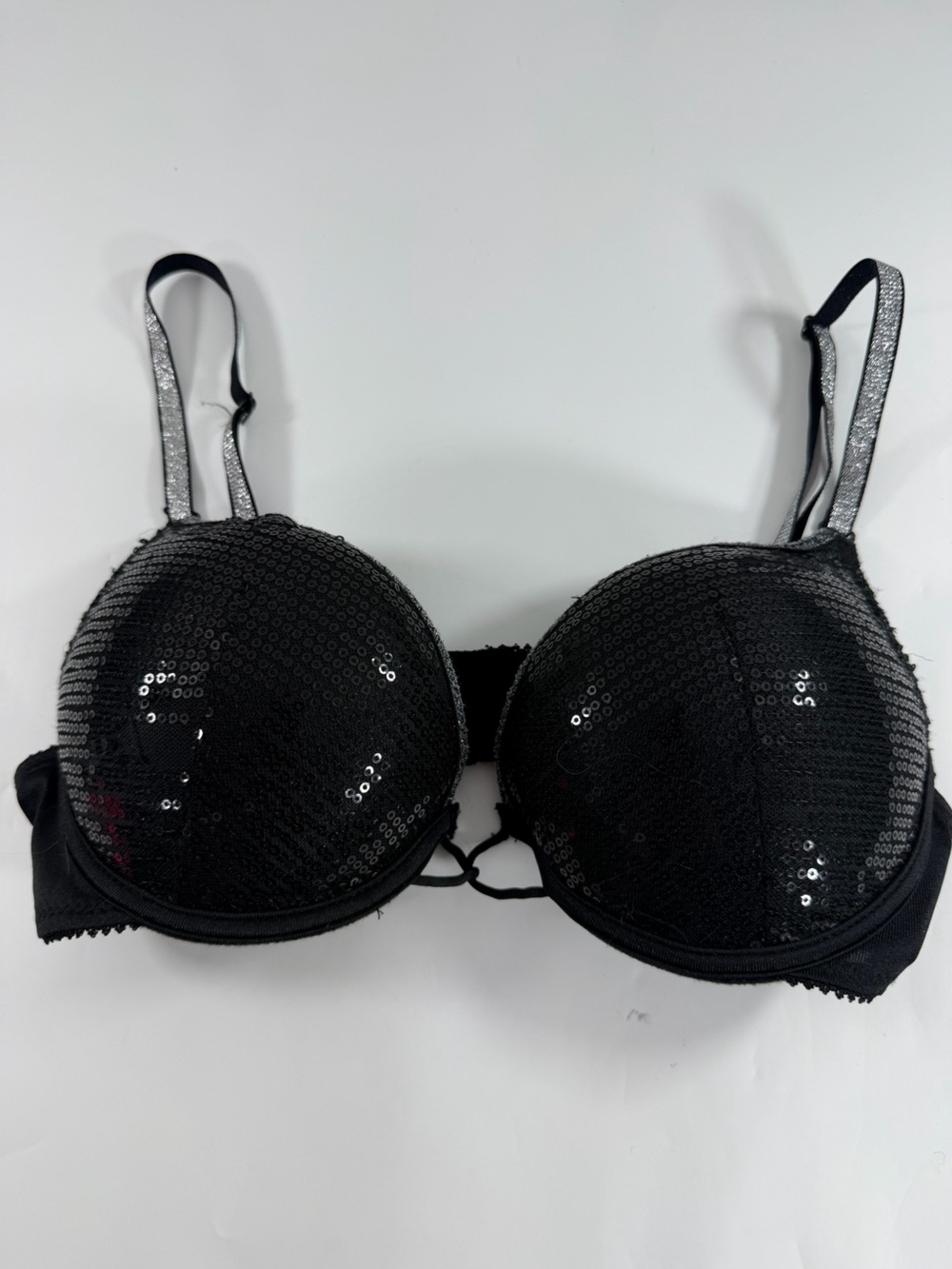 Black Fuchsia Sequin Padded Underwire Bra 34B Black Silver Straps Glam